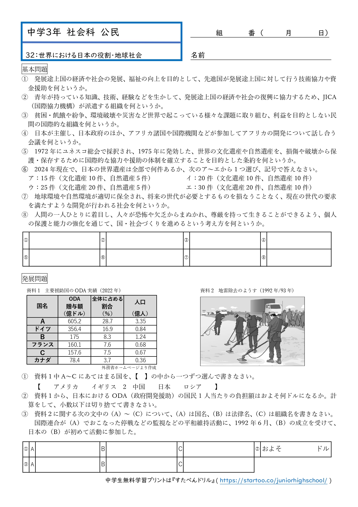 中3社会・公民「世界における日本の役割・持続可能な社会」プリント無料ダウンロード・印刷